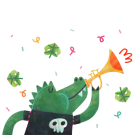 crocodile playing the trumpet and celebrating success